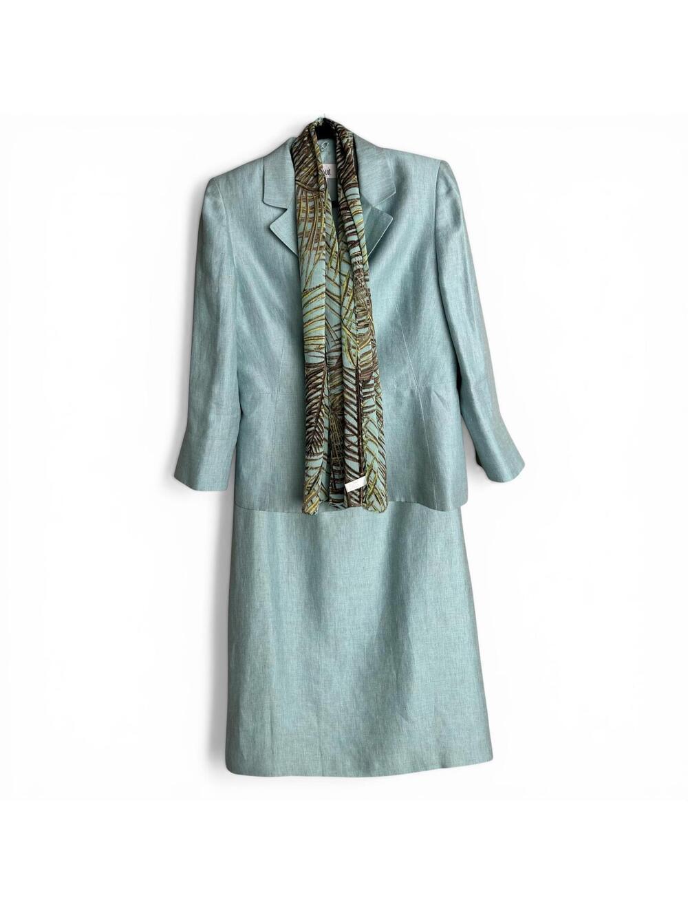 Vintage Light Blue Women's Skirt Suit with Patterned Scarf